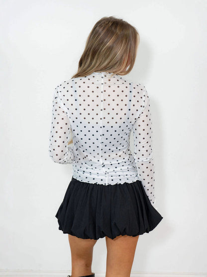 Polka Dot Mesh Top with Mock Neck and Lettuce Edge