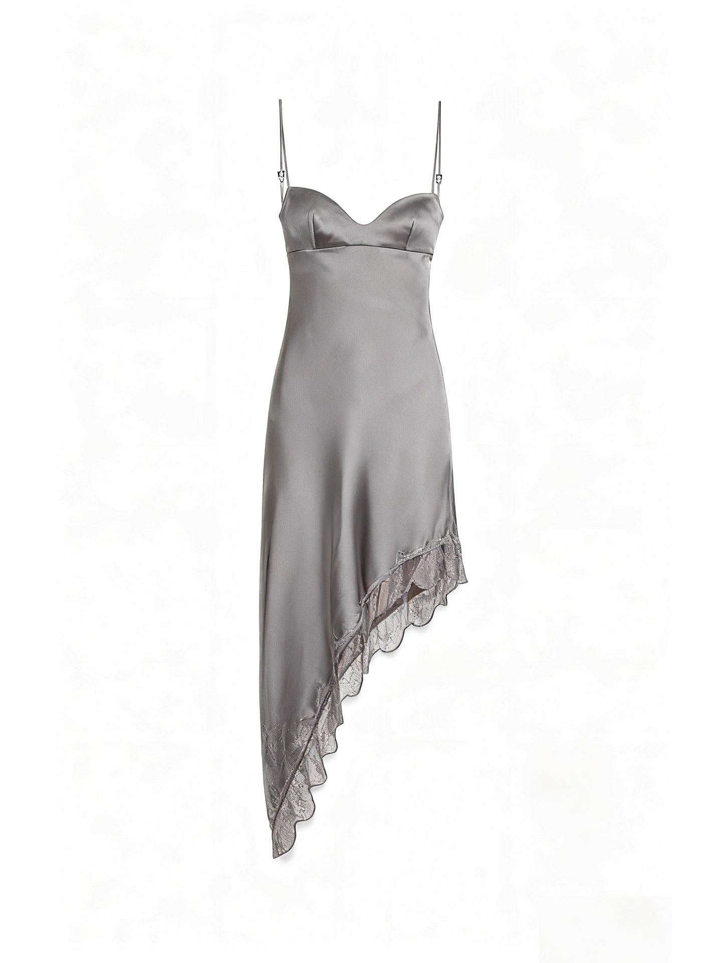 Asymmetrical Viscose Satin Slip Dress with Lace Trim