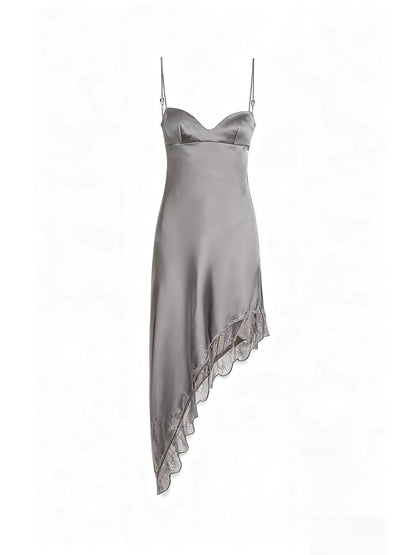 Asymmetrical Viscose Satin Slip Dress with Lace Trim