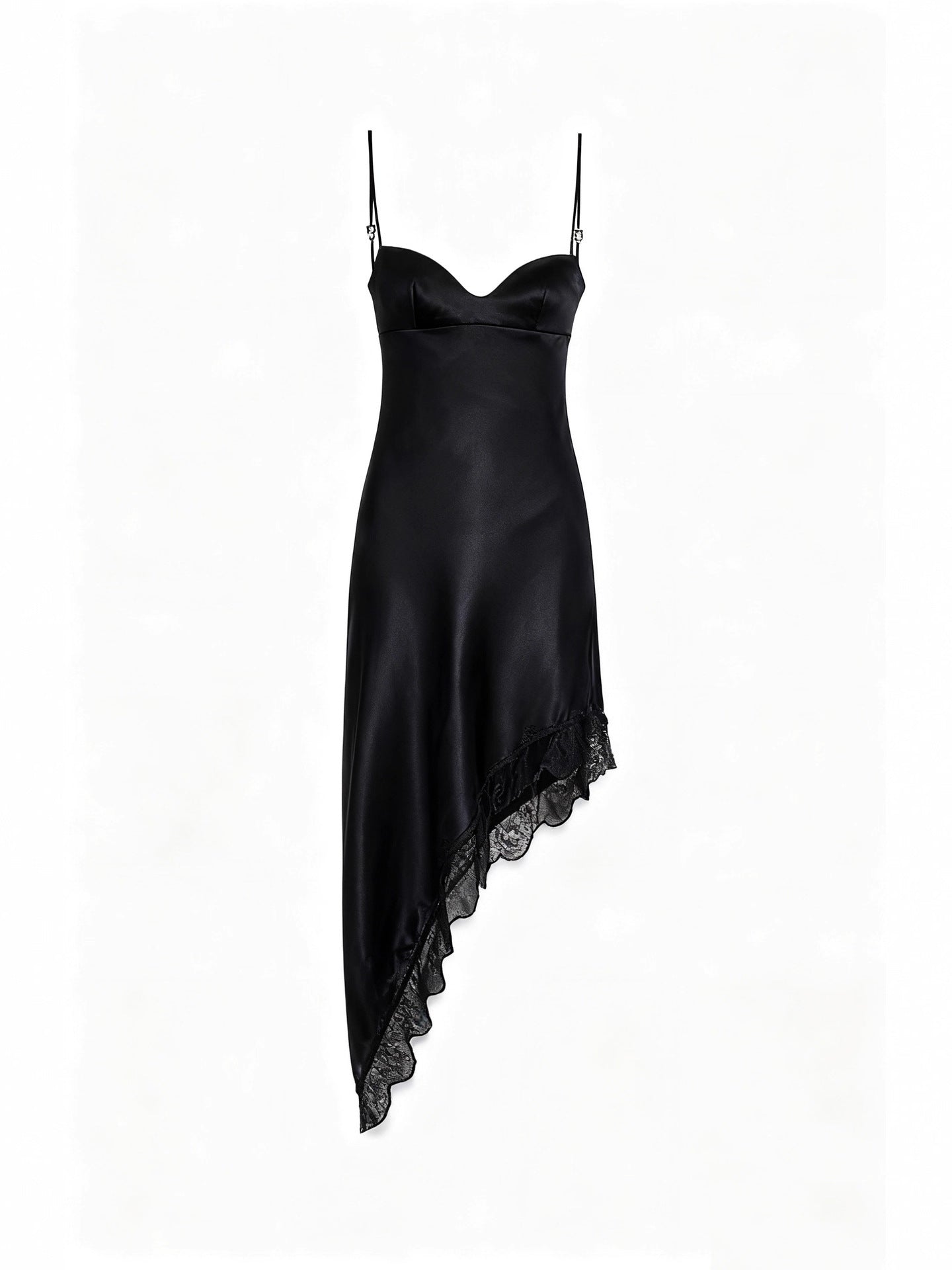 Asymmetrical Viscose Satin Slip Dress with Lace Trim