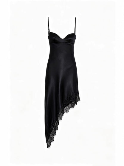 Asymmetrical Viscose Satin Slip Dress with Lace Trim