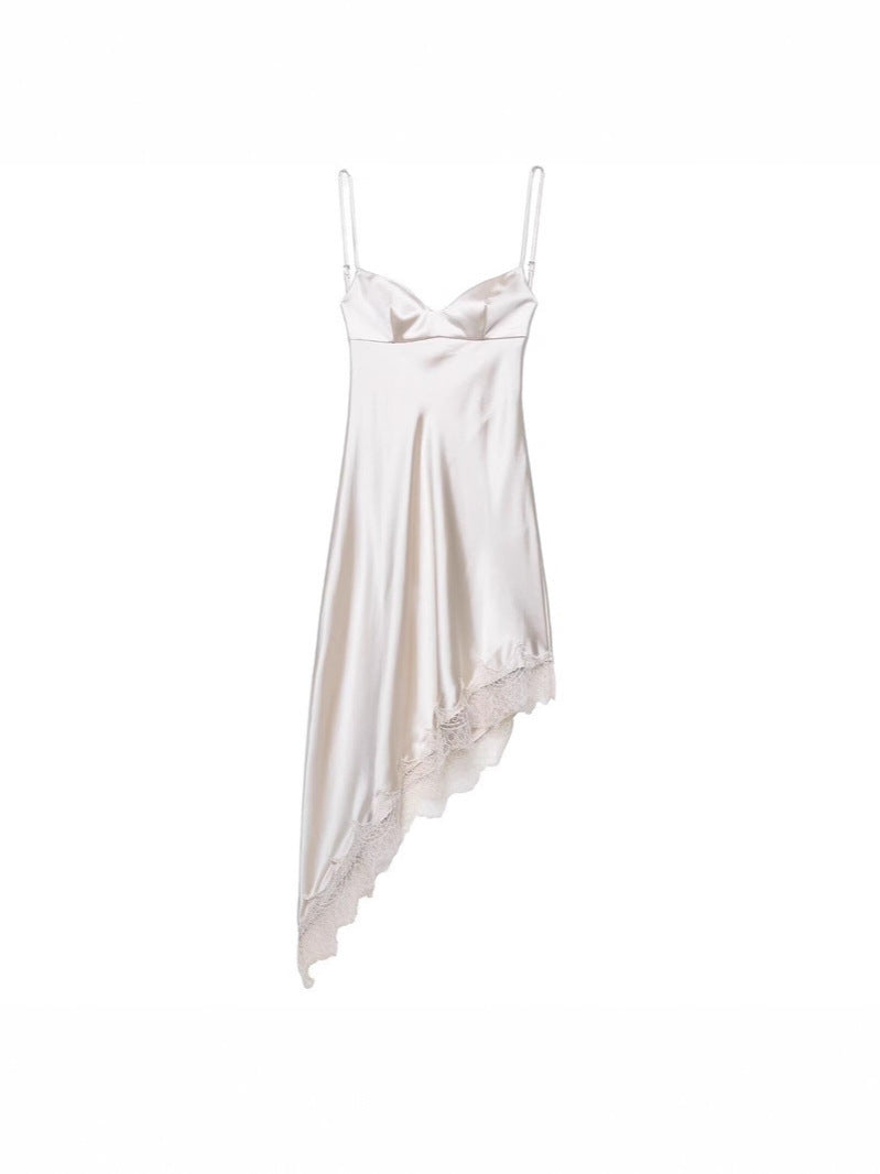 Asymmetrical Viscose Satin Slip Dress with Lace Trim