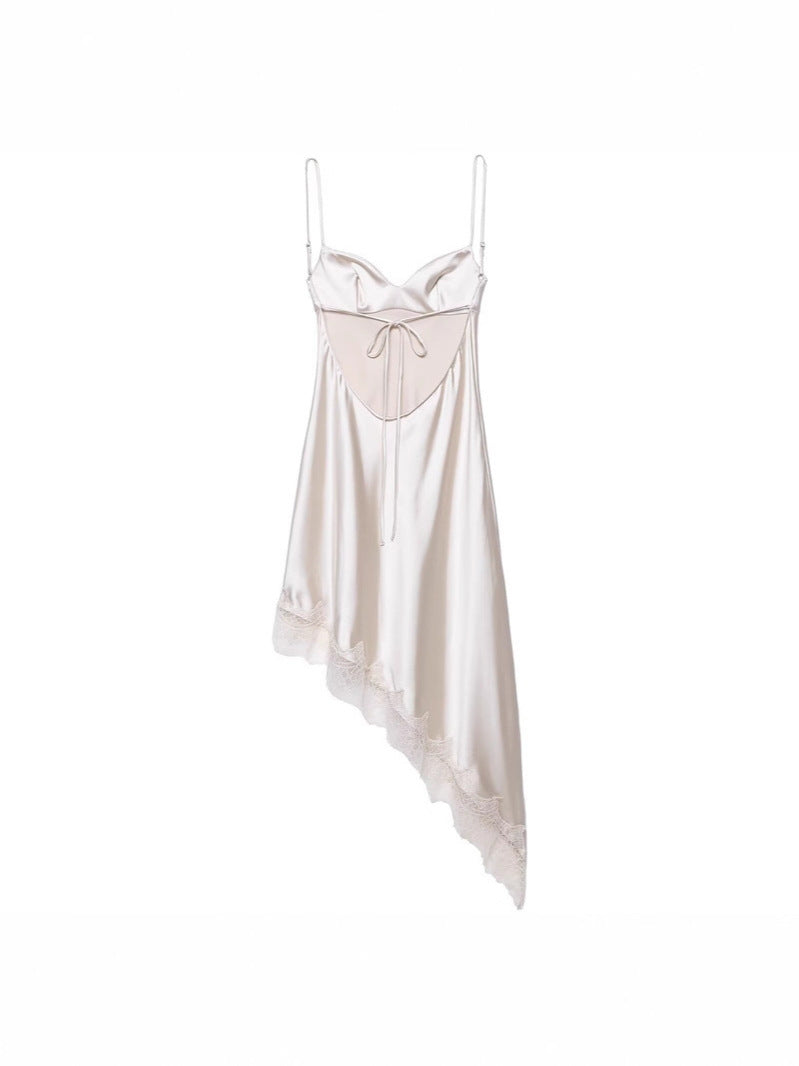 Asymmetrical Viscose Satin Slip Dress with Lace Trim
