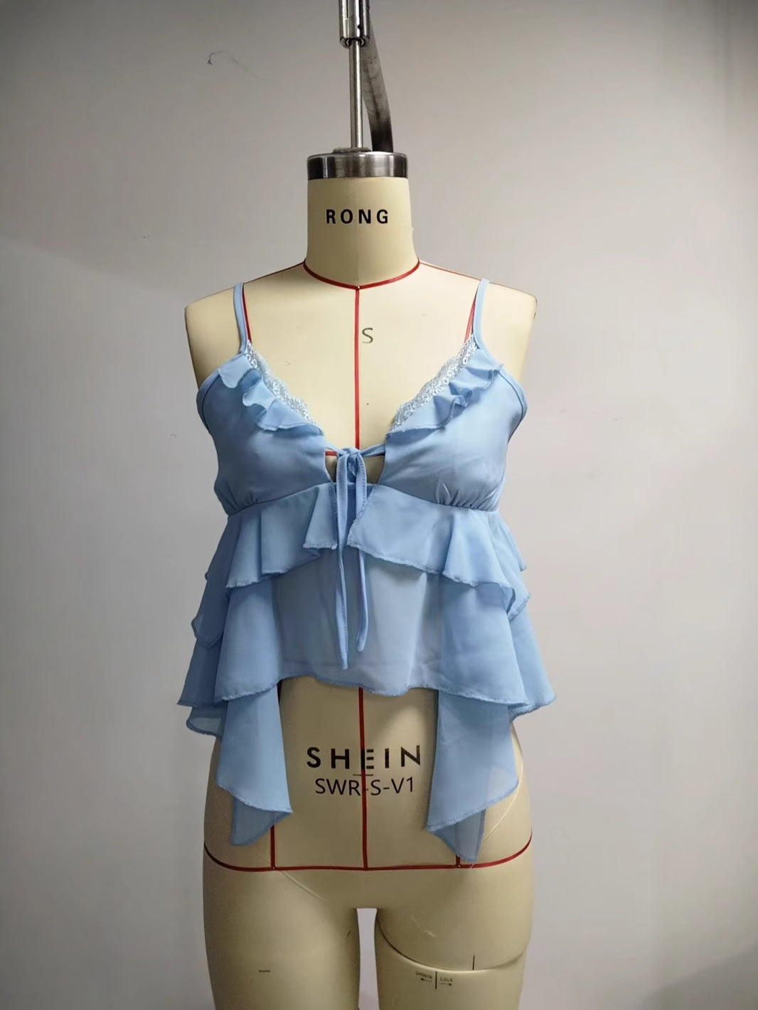 Irregular Ruffled Camisole with Tie-Front and Lace Trim
