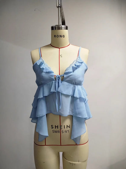Irregular Ruffled Camisole with Tie-Front and Lace Trim