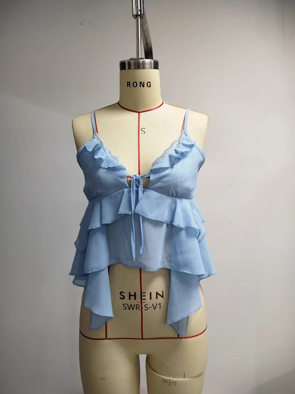 Irregular Ruffled Camisole with Tie-Front and Lace Trim