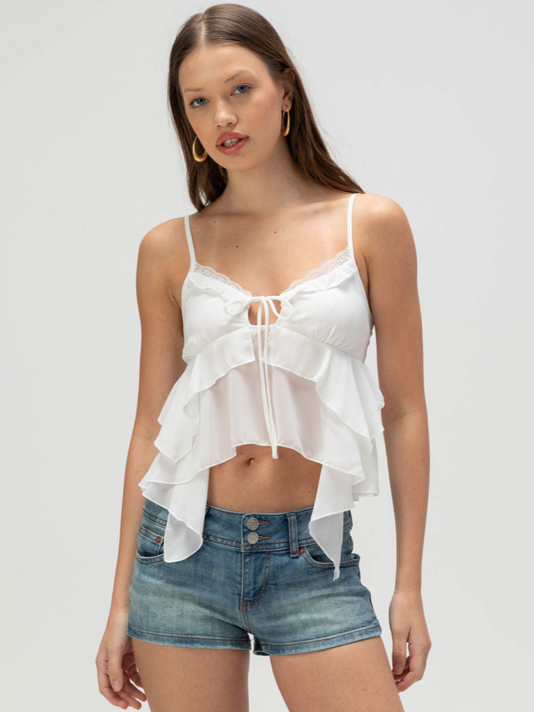 Irregular Ruffled Camisole with Tie-Front and Lace Trim
