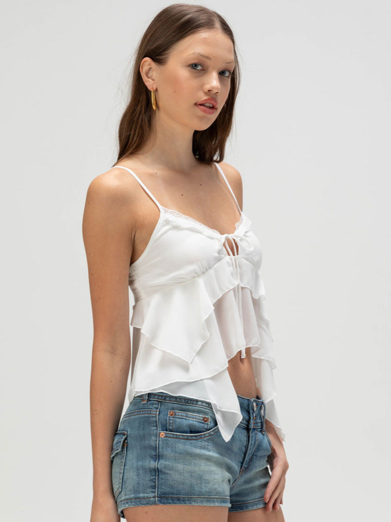 Irregular Ruffled Camisole with Tie-Front and Lace Trim
