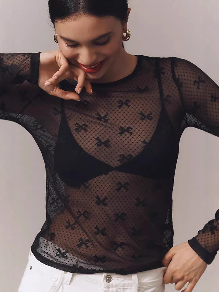 Slim Fit Bow Print Mesh Top with Round Neck
