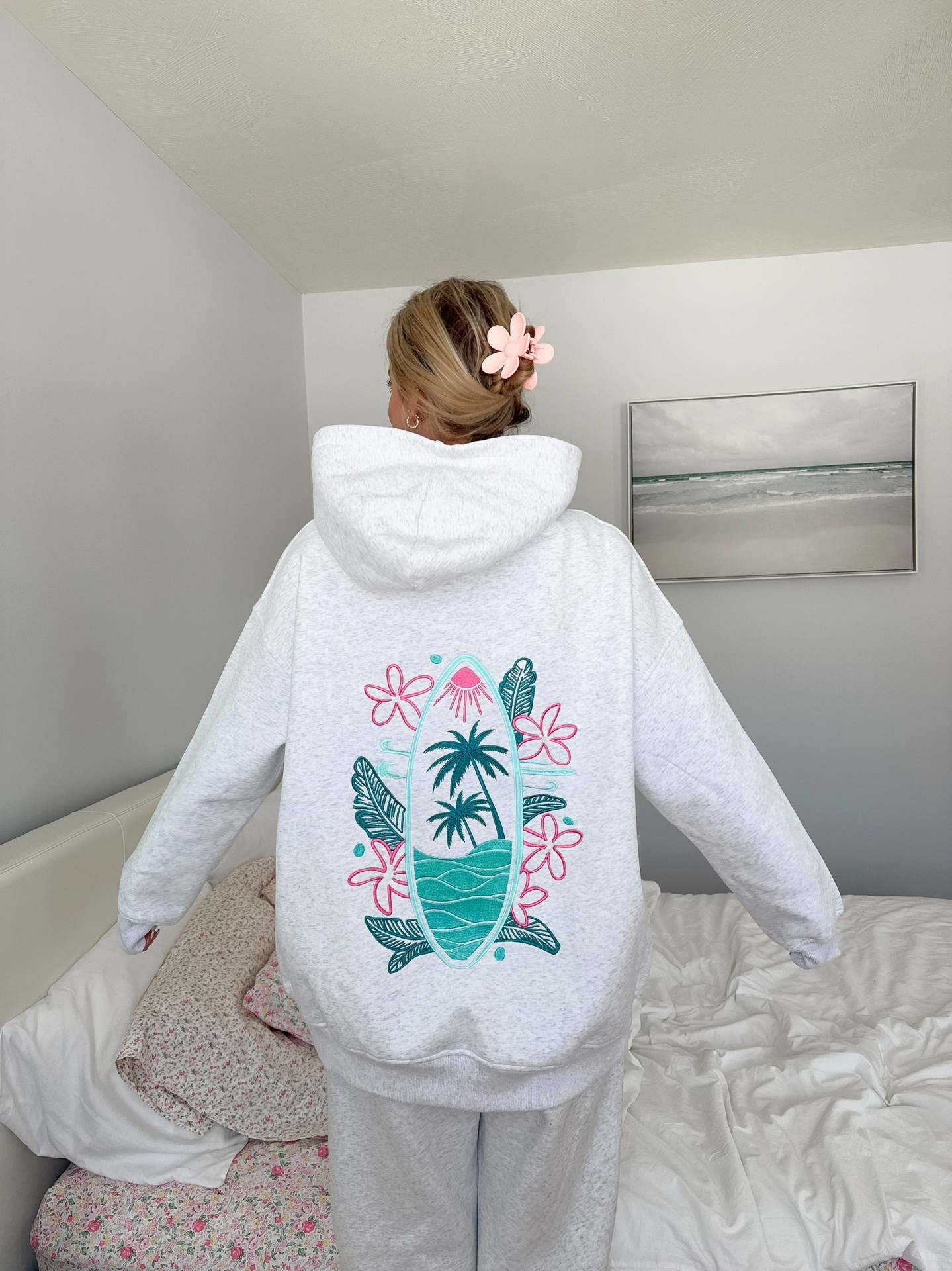 Oversized Surfboard Print Hoodie with Raglan Sleeves