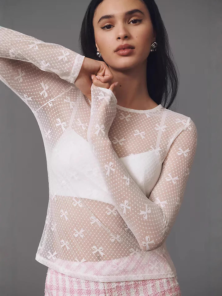 Slim Fit Bow Print Mesh Top with Round Neck
