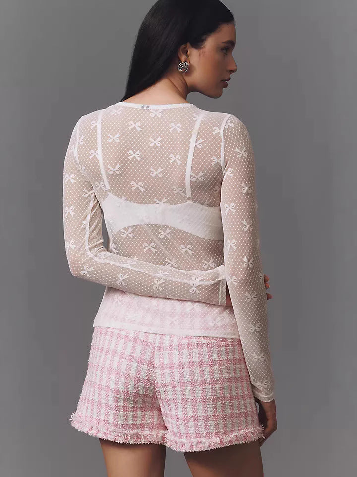 Slim Fit Bow Print Mesh Top with Round Neck