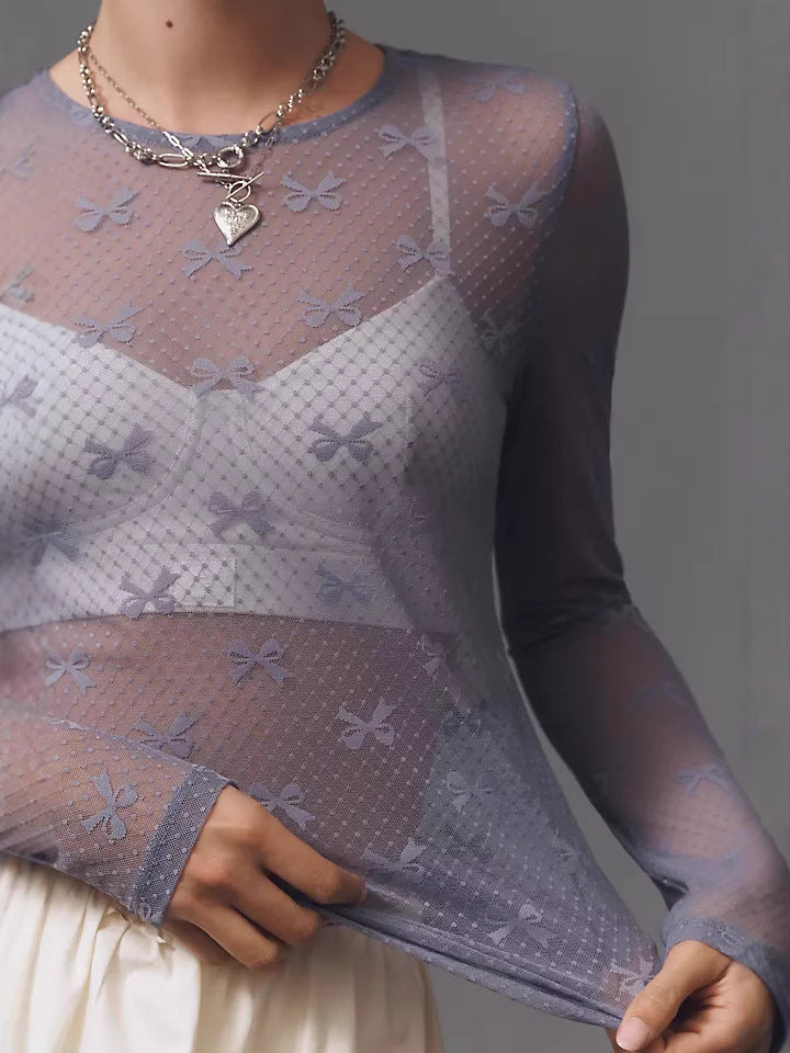 Slim Fit Bow Print Mesh Top with Round Neck