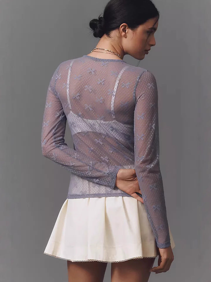 Slim Fit Bow Print Mesh Top with Round Neck