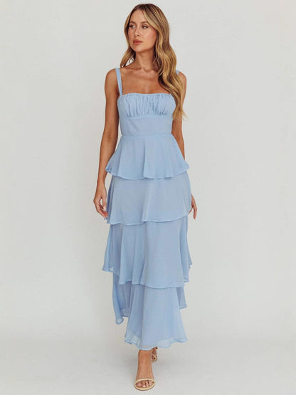 Tiered Midi Dress with Ruched Bodice and Backless Tie