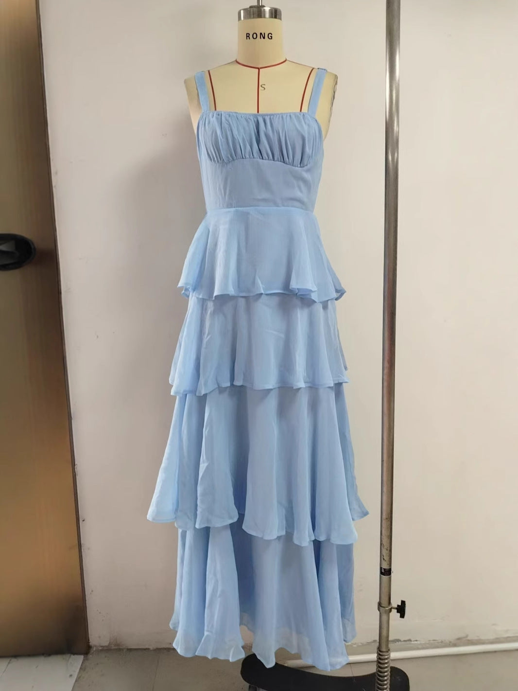 Tiered Midi Dress with Ruched Bodice and Backless Tie