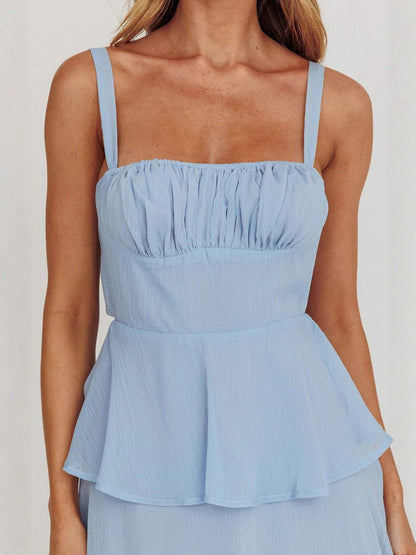 Tiered Midi Dress with Ruched Bodice and Backless Tie