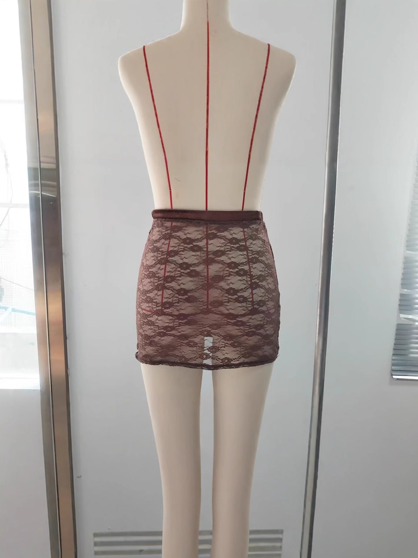 Bodycon Sheer Lace Mini Skirt with Velvet Waistband