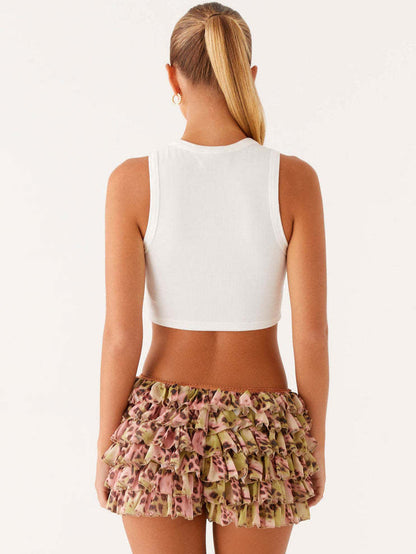 Low-Rise Tiered Ruffle Skort in Floral Print