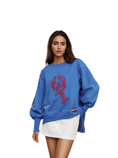 Loose Fit Graphic Pullover Sweatshirt with Balloon Sleeves