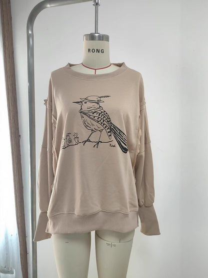 Loose Fit Graphic Pullover Sweatshirt with Balloon Sleeves