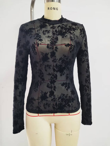 Flocked Floral Mesh Top with Mock Neck and Long Sleeves