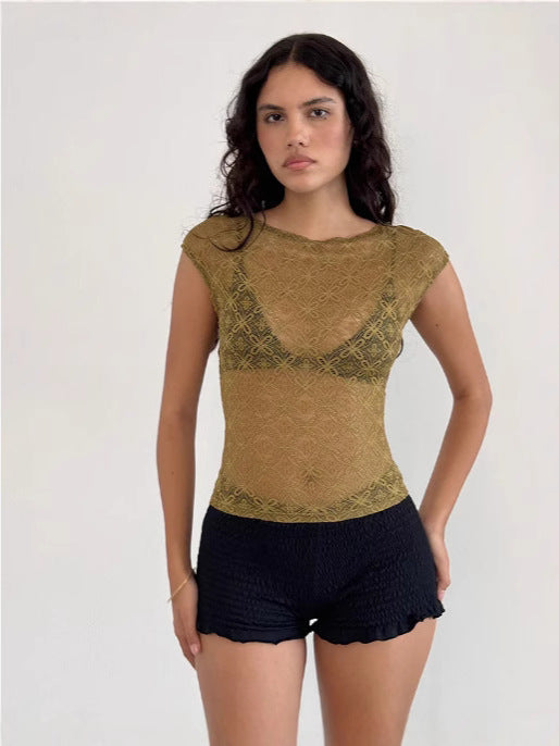 Slim Fit Sheer Lace Top with Cap Sleeves
