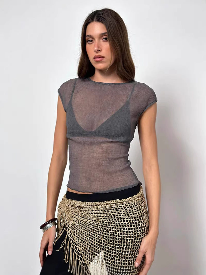 Slim Fit Sheer Lace Top with Cap Sleeves