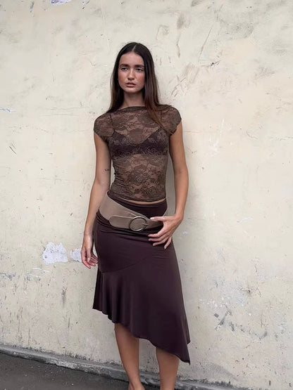 Slim Fit Sheer Lace Top with Cap Sleeves