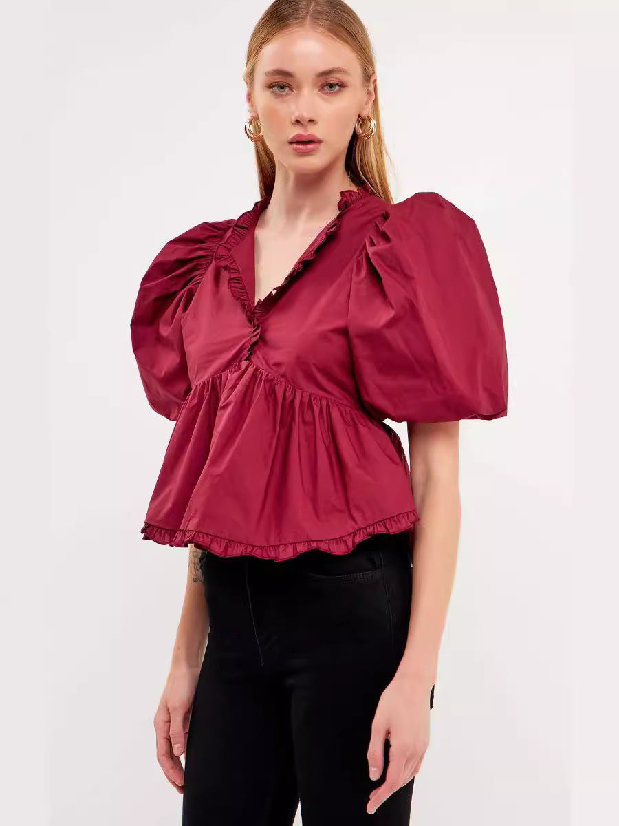 Peplum Blouse with Bubble Sleeves and Ruffle V-Neck
