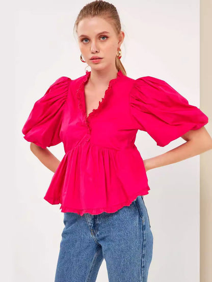 Peplum Blouse with Bubble Sleeves and Ruffle V-Neck
