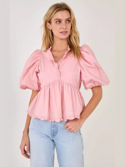 Peplum Blouse with Bubble Sleeves and Ruffle V-Neck