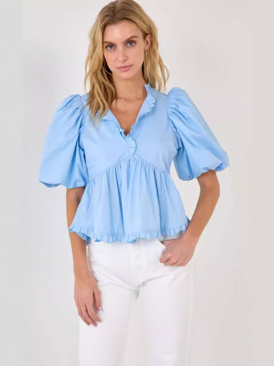 Peplum Blouse with Bubble Sleeves and Ruffle V-Neck