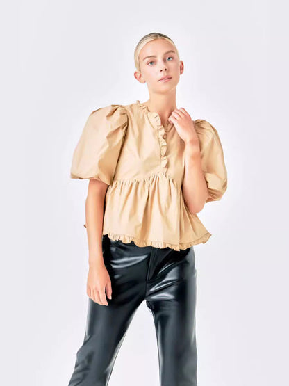 Peplum Blouse with Bubble Sleeves and Ruffle V-Neck