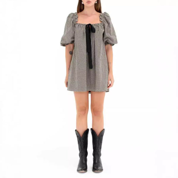 Babydoll Mini Dress with Puff Sleeves and Tie Detail