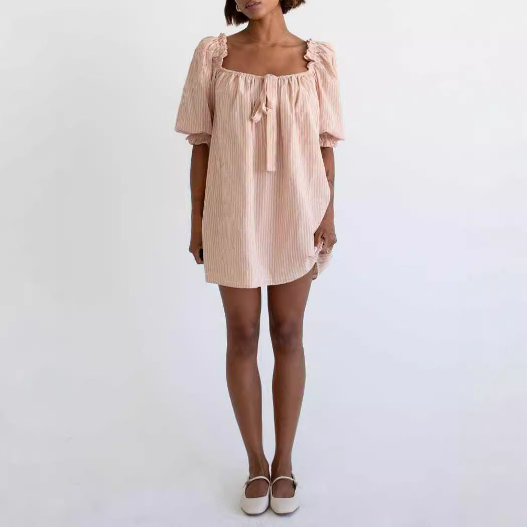Babydoll Mini Dress with Puff Sleeves and Tie Detail