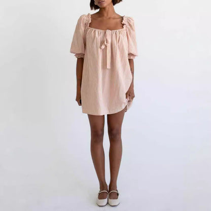 Babydoll Mini Dress with Puff Sleeves and Tie Detail