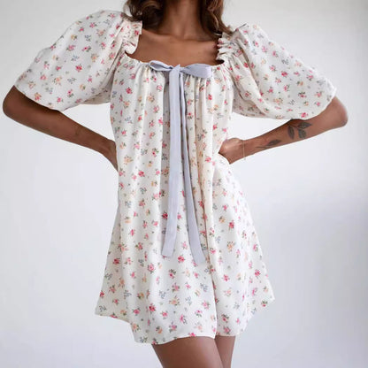 Babydoll Mini Dress with Puff Sleeves and Tie Detail
