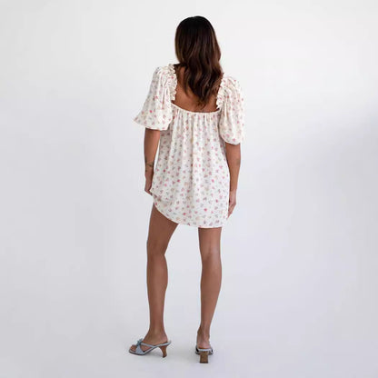 Babydoll Mini Dress with Puff Sleeves and Tie Detail