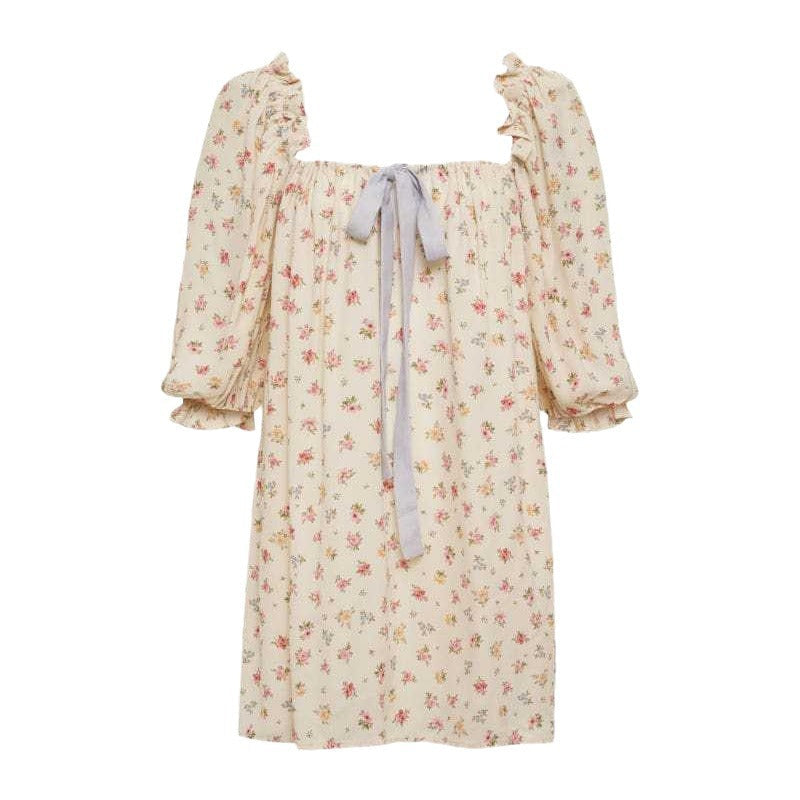 Babydoll Mini Dress with Puff Sleeves and Tie Detail
