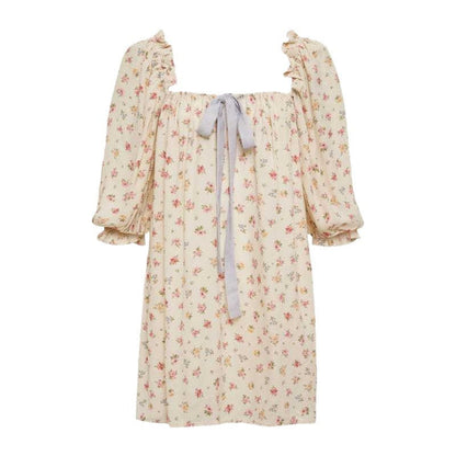Babydoll Mini Dress with Puff Sleeves and Tie Detail