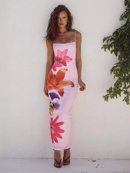 Floral Print Bodycon Midi Dress with Spaghetti Straps