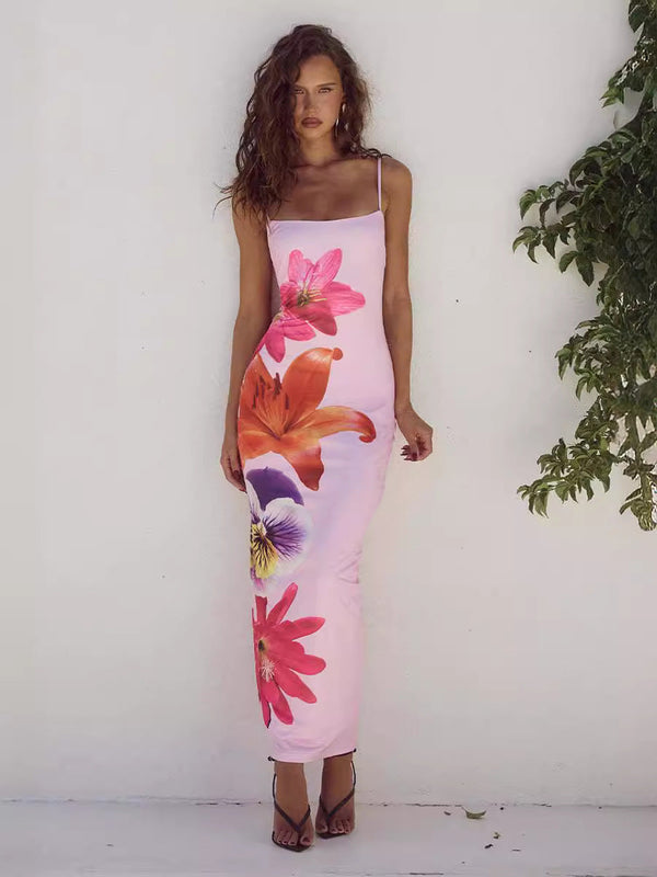 Floral Print Bodycon Midi Dress with Spaghetti Straps
