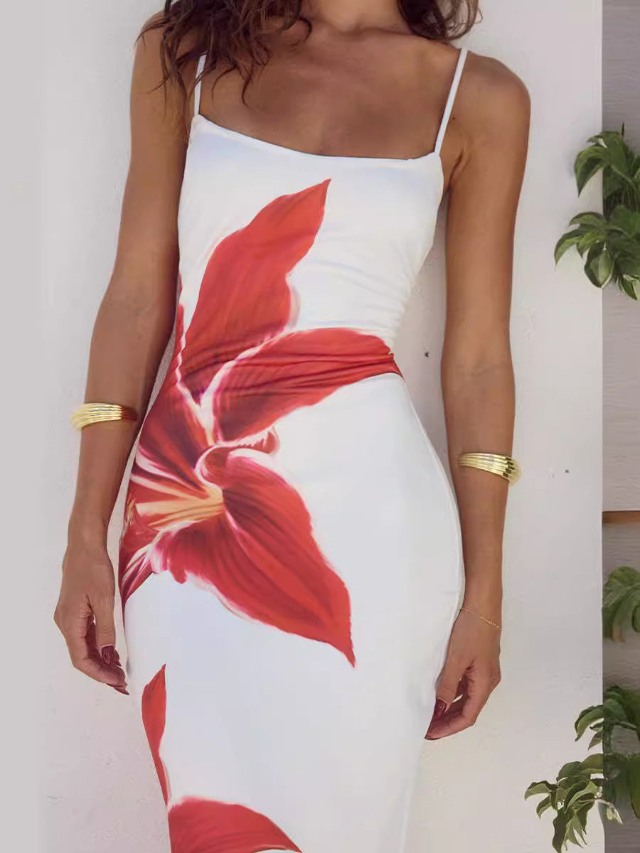 Floral Print Bodycon Midi Dress with Spaghetti Straps