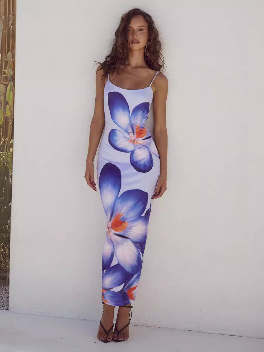 Floral Print Bodycon Midi Dress with Spaghetti Straps