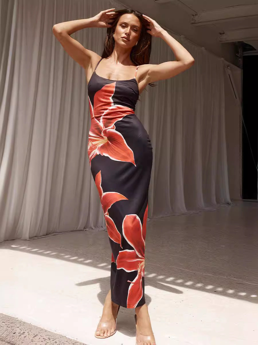 Floral Print Bodycon Midi Dress with Spaghetti Straps