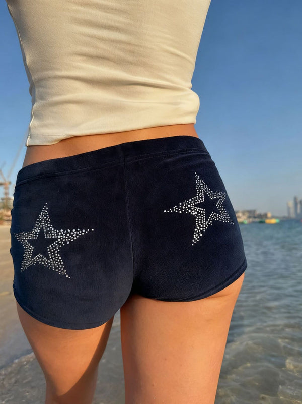 Low-Rise Velour Hot Pants with Rhinestone Star Detail