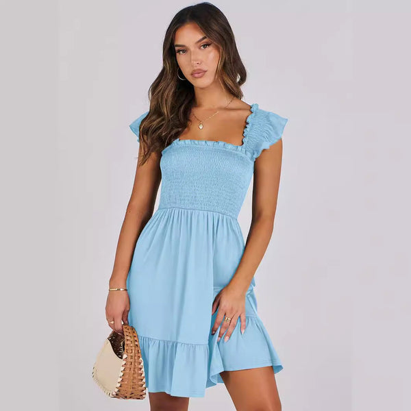 Smocked A-Line Mini Dress with Flutter Sleeves and Ruffle Hem
