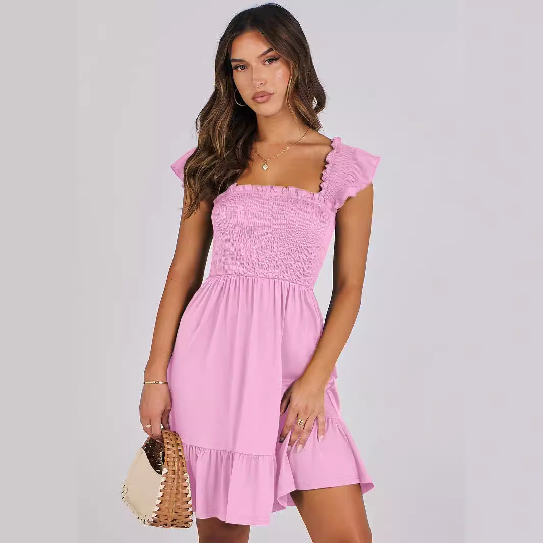 Smocked A-Line Mini Dress with Flutter Sleeves and Ruffle Hem