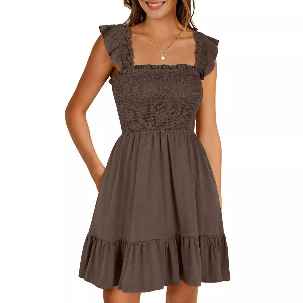 Smocked A-Line Mini Dress with Flutter Sleeves and Ruffle Hem